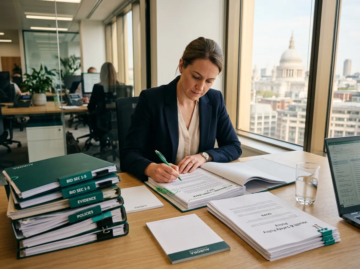 Tender consultant annotating compliance issues on bid documents at a modern desk