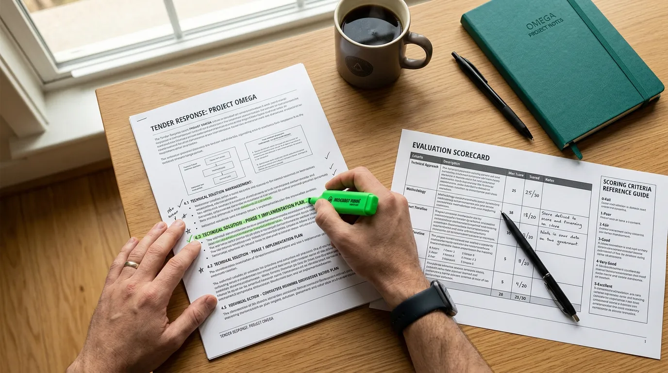 Tender response being scored with highlighter and evaluation criteria