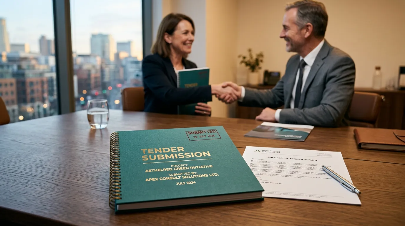 Completed tender submission pack with congratulatory letter