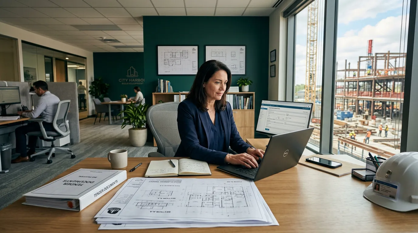 Tender documents, blueprints and laptop on a modern office desk