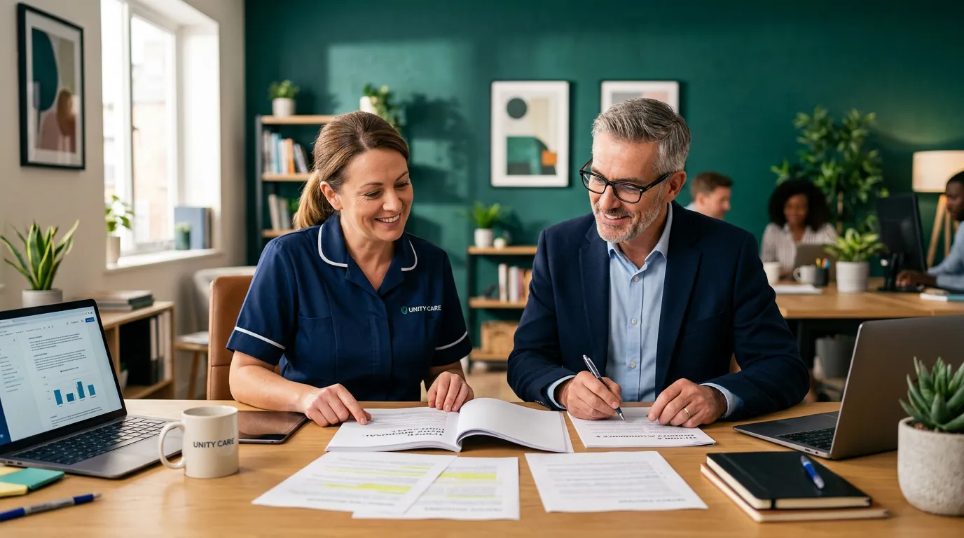 Care worker and consultant reviewing tender documents at a modern desk