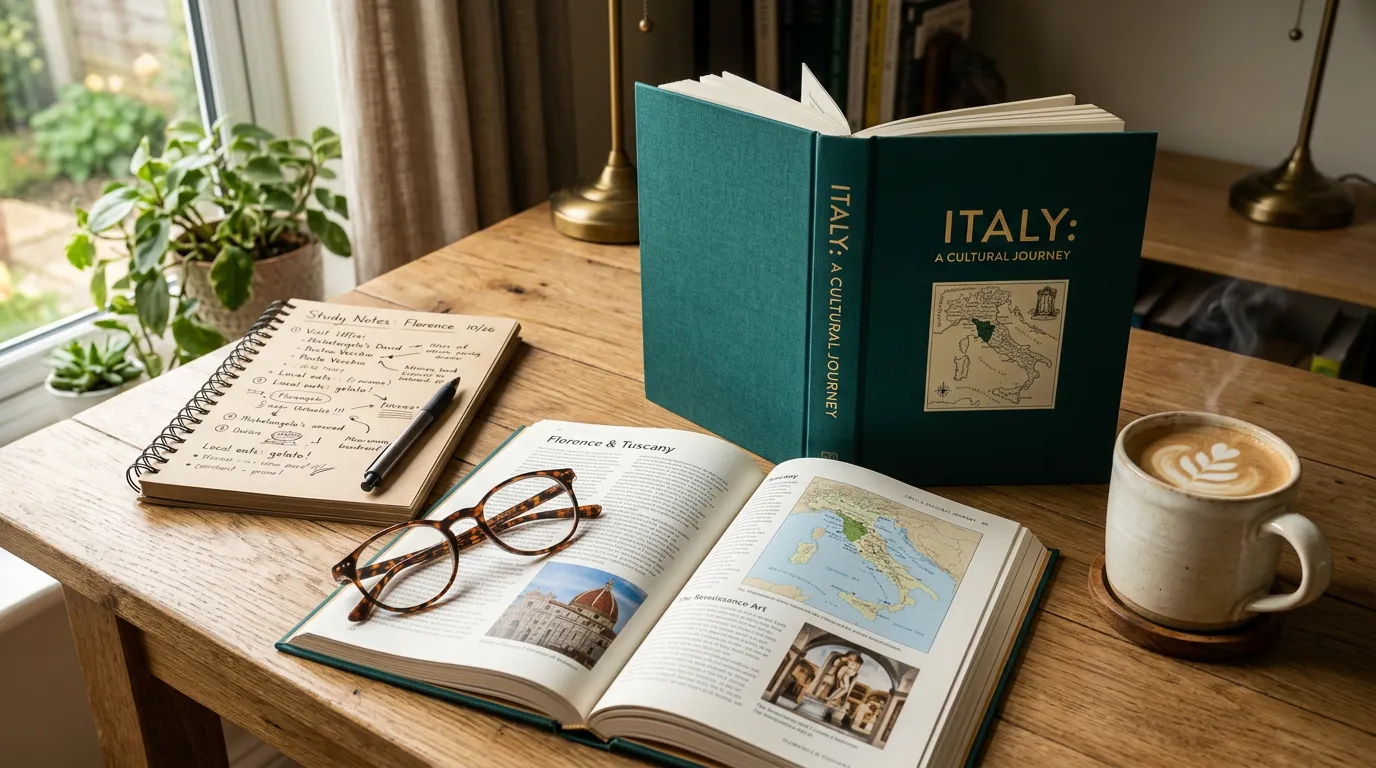 Open guidebook with reading glasses, coffee and handwritten notes on a desk