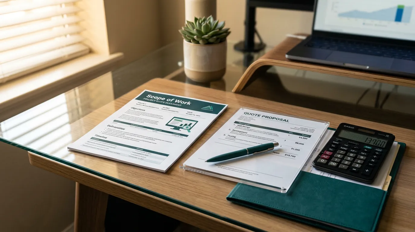 Clean desk with scope document, calculator and quote proposal