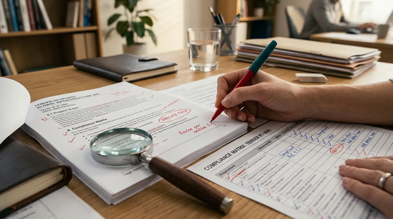 Quality review — red pen corrections on a tender response with compliance matrix