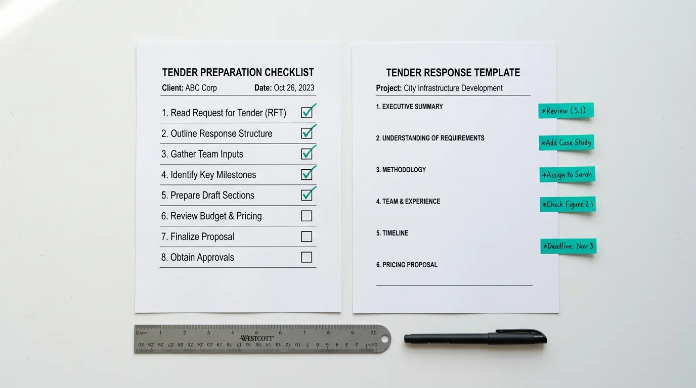Flat-lay of tender preparation tools — checklists, templates and sticky tabs on a desk