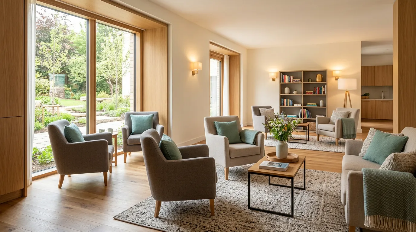 Bright modern care home common area with warm wood tones and natural light