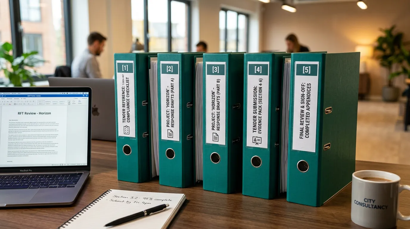 Organised tender submission folders with compliance checklists and evidence packs