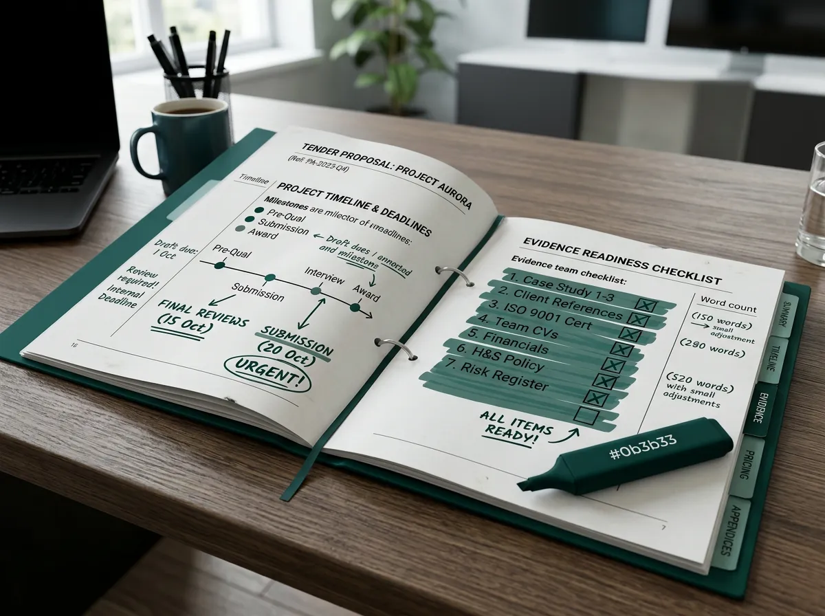 Tender pack with annotated word counts, timeline deadlines, and evidence readiness checklist