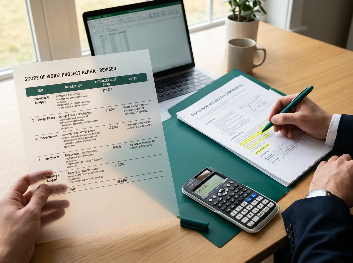 Scope document with itemized costs next to an open tender pack on a professional desk