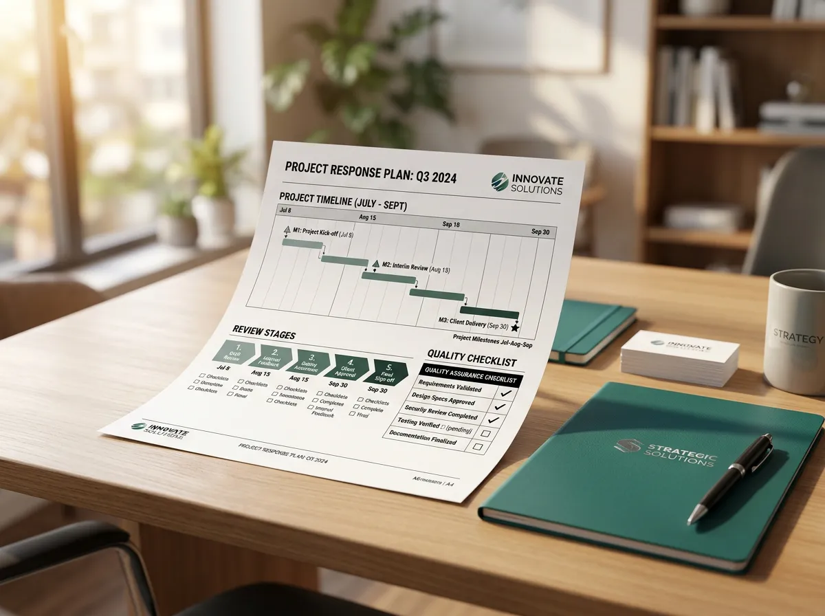 Response plan with project timeline, review milestones, and quality assurance checklist all completed